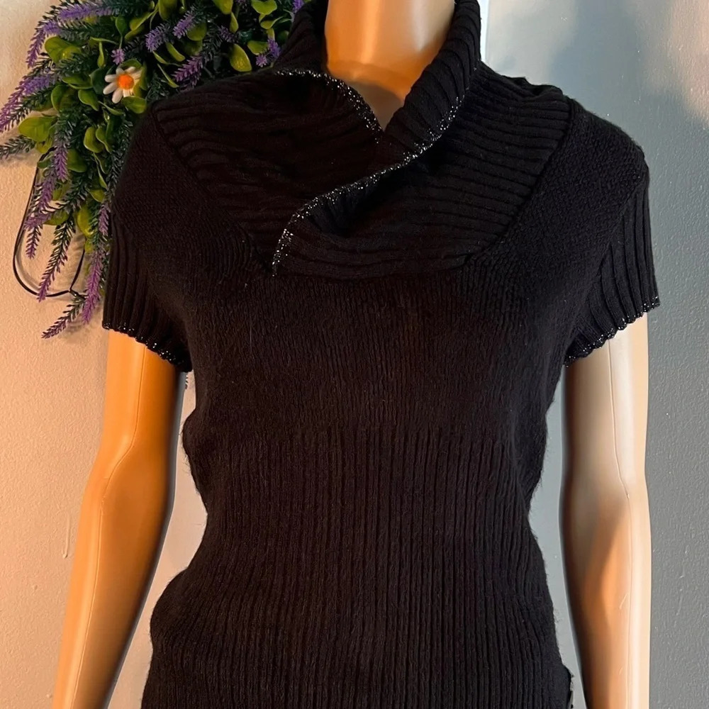 Azbel‎ D Fashion CA, Sm, short sleeve cowl neck faux rap with glitter sweater.
